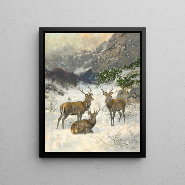 a herd of deer in winter - Josef Schmitzberger — framed artwork on a wall
