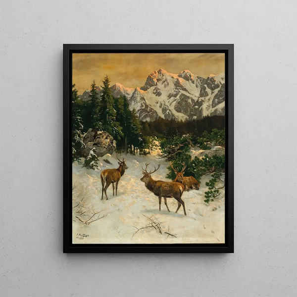 Elk in the Alps in winter - Josef Schmitzberger — framed artwork on a wall