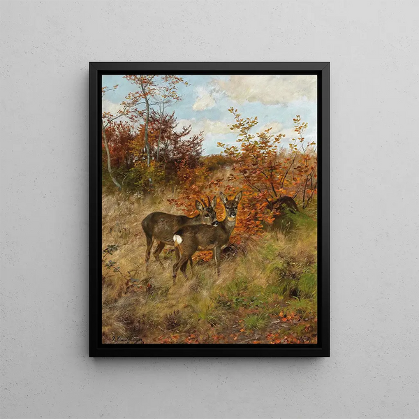 Deer with autumn leaves - Josef Schmitzberger — framed artwork on a wall
