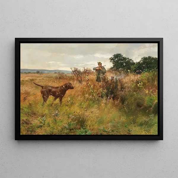 Hunting dog and hunter - Josef Schmitzberger — framed artwork on a wall