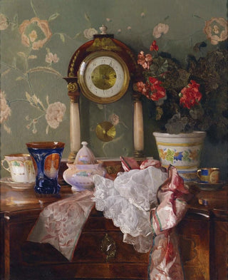 Josef Schuster - Antiquittenstillleben Mit Kaminuhr.webp