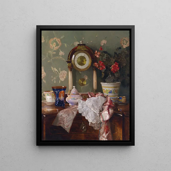 Antique still life with fireplace clock - Josef Schuster — framed artwork on a wall
