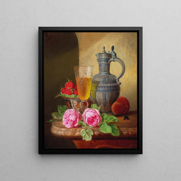 Still life with roses and strawberries - Josef Schuster — framed artwork on a wall