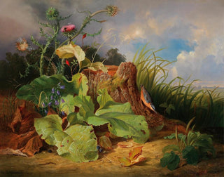 Nature morte with thistles, bellflowers, rose hips, and a tit - Josef Schuster — artwork view