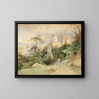 Vue of the church and the rectory of Christkindl near Steyr in Upper Austria - Josef Schwemminger — framed artwork on a wall