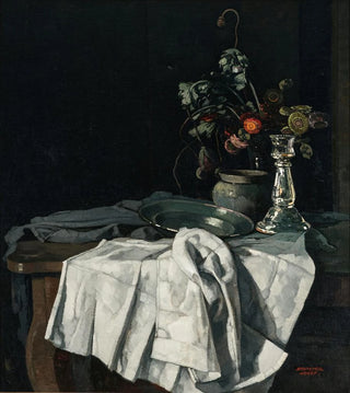 Josef Stoitzner - Still life with a white tablecloth and a silver candlestick.webp