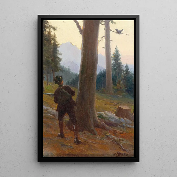 Hunting of the black grouse - Josef Straka — framed artwork on a wall
