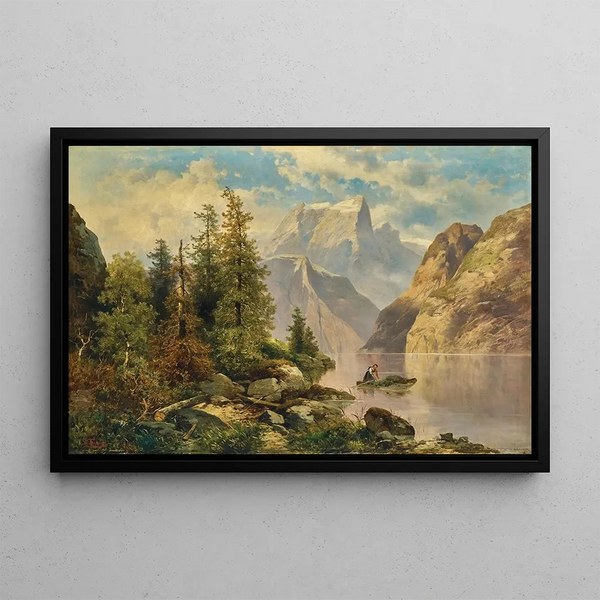A mountain lake with a boat - Josef Thoma — framed artwork on a wall