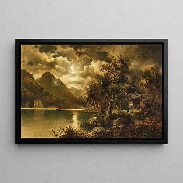 Night by moonlight at the edge of the lake - Josef Thoma — framed artwork on a wall