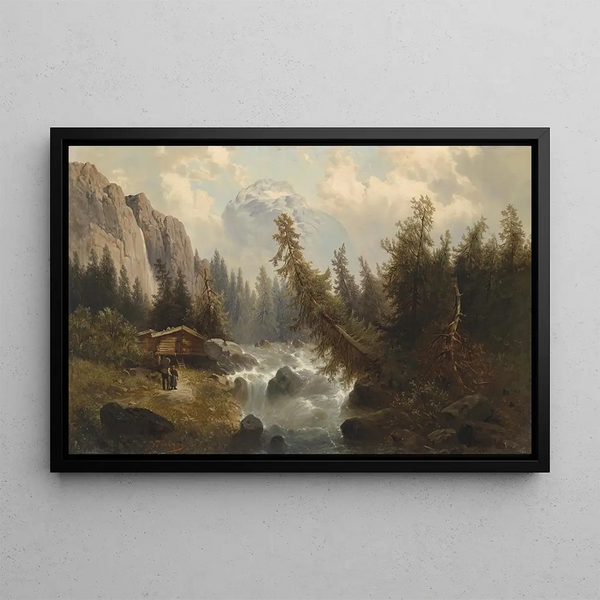 Mountain landscape painting with stream - Josef Thoma — framed artwork on a wall