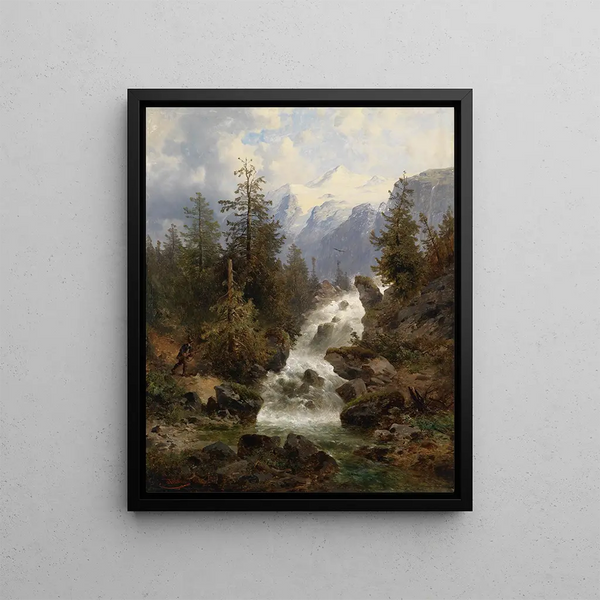 Hunter at the Waterfall - Josef Thoma — framed artwork on a wall