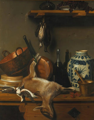 Josefa San Romn - Bodegn Con Cabrito Cazos De Cobre Jarrn De Talavera Y Chichicuilotes.webp