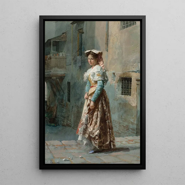 Young woman adorned - Josep Tapir Bar — framed artwork on a wall