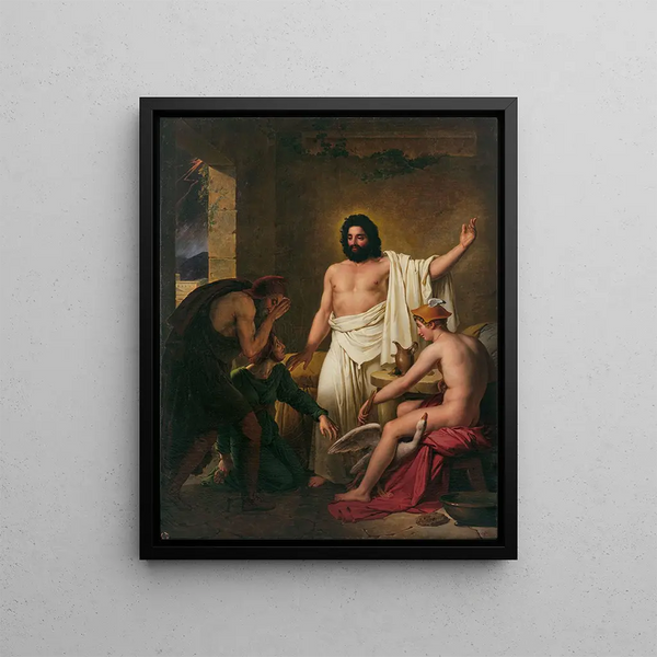 Philémon and Baucis receive Jupiter and Mercury - Joseph Ferdinand Lancrenon — framed artwork on a wall