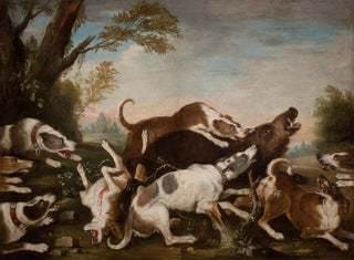 Hunting scene: dogs attacking a boar - Joseph Anton Harzath — artwork view