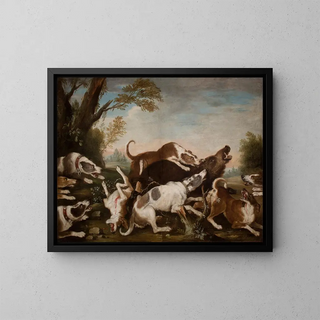 Hunting scene: dogs attacking a boar - Joseph Anton Harzath — framed artwork on a wall