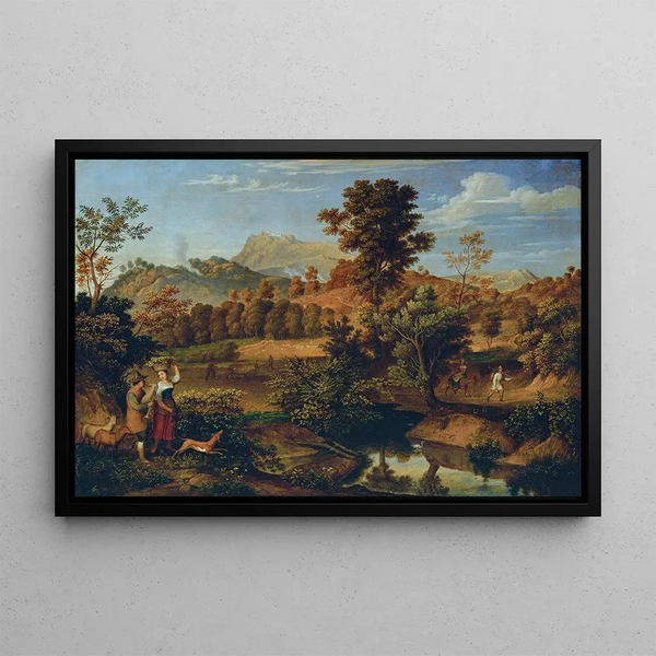 Italian landscape painting with a peasant plowing, La Serpentara near Olevano, landscape near Paliano - Joseph Anton Koch — framed artwork on a wall