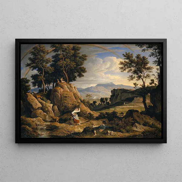 Landscape painting near Olevano with rainbow - Joseph Anton Koch — framed artwork on a wall