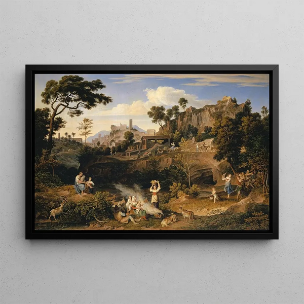 Landscape near Olevano with a procession of dancing peasants - Joseph Anton Koch — framed artwork on a wall