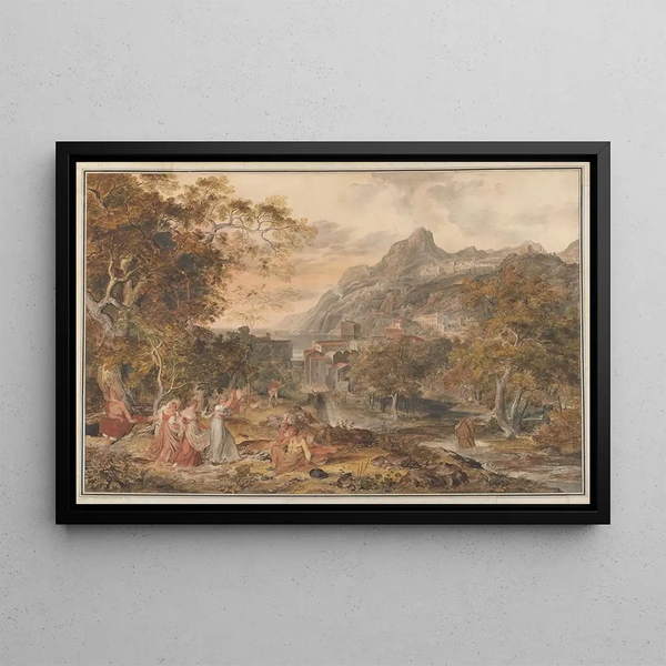 View of Vietri with young peasant women dancing for the shepherds in the foreground - Joseph Anton Koch — framed artwork on a wall