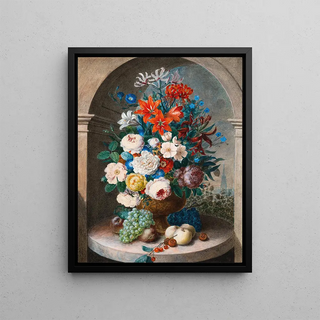 Joseph August Satory - A flower stilllife in the manner of 17th century Netherlandish artists Saint Stephens cathedral in the far distance.webp