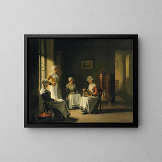 an interior with women polishing brass - Joseph Bail — framed artwork on a wall