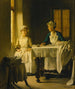 Interior painting with two women folding sheets - Joseph Bail — artwork view