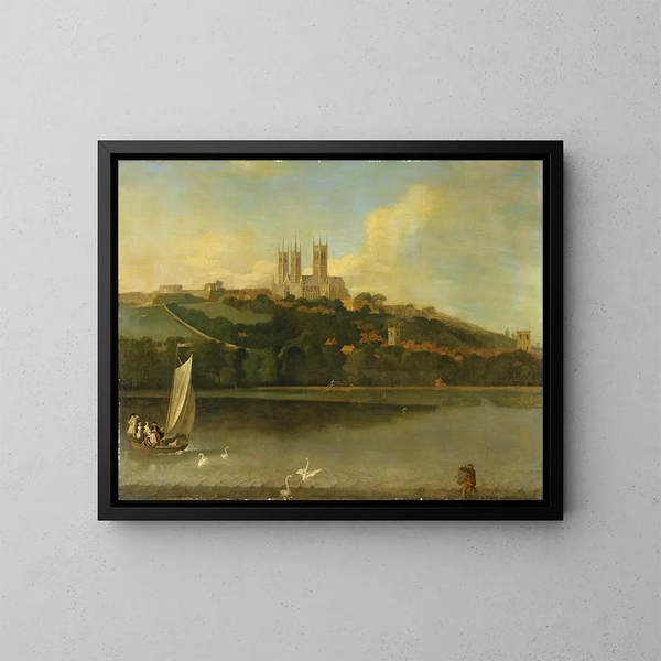 View of the cathedral and the city of Lincoln from the river - Joseph Baker of Lincoln — framed artwork on a wall