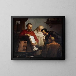 Plantin presents a copy of the Biblia Regia to Arias Montanus - Joseph Bellemans — framed artwork on a wall