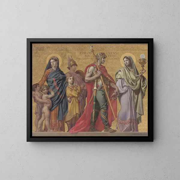 La Foi entraînant Clovis, suivie de la reine et de ses enfants, puis de divers saints et guerriers - Joseph Blanc — framed artwork on a wall
