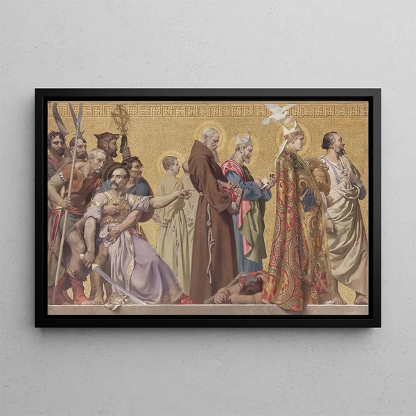 La Foi entraînant Clovis suivi de la reine et de ses enfants puis de divers saints et guerriers - Joseph Blanc — framed artwork on a wall