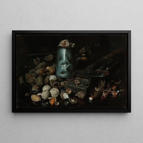 Still life with a can and nuts - Joseph Decker — framed artwork on a wall