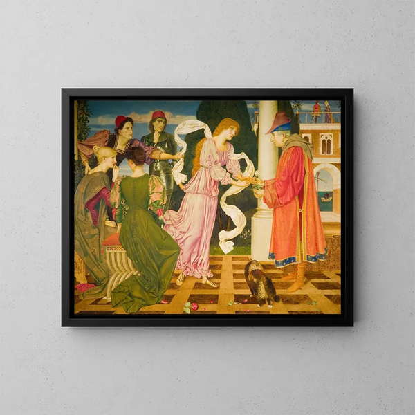 La Beauté recevant la rose blanche de son père - Joseph Edward Southall — framed artwork on a wall