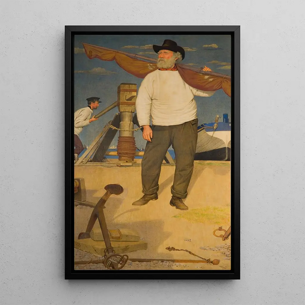 Fisherman carrying a sail - Joseph Edward Southall — framed artwork on a wall