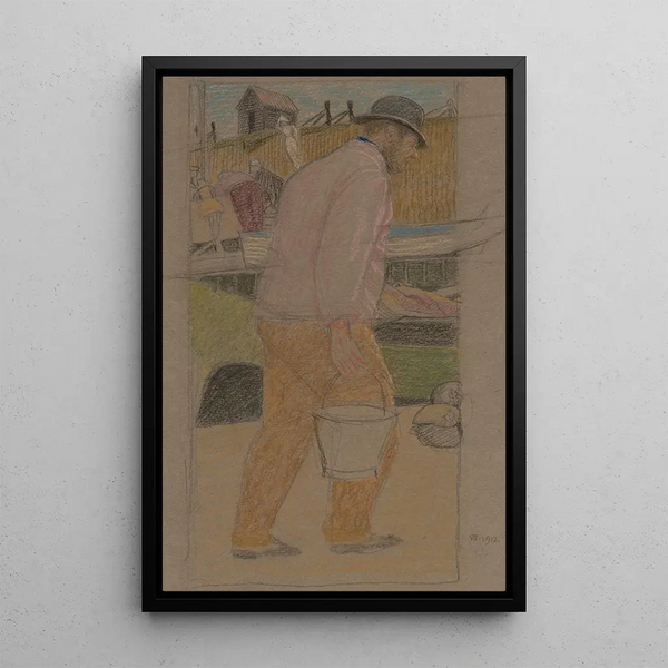 Fisherman with a Bucket at Southwold - Joseph Edward Southall — framed artwork on a wall