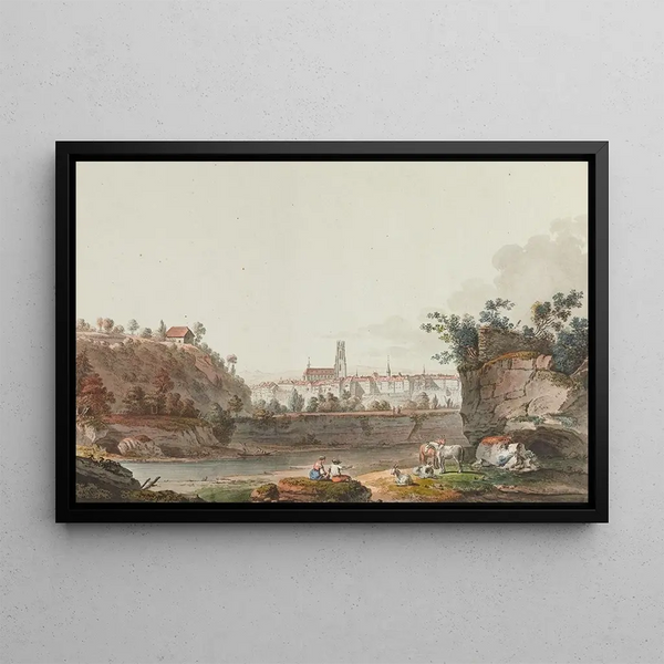 View of Fribourg and the Sarine - Joseph Emmanuel Curty — framed artwork on a wall