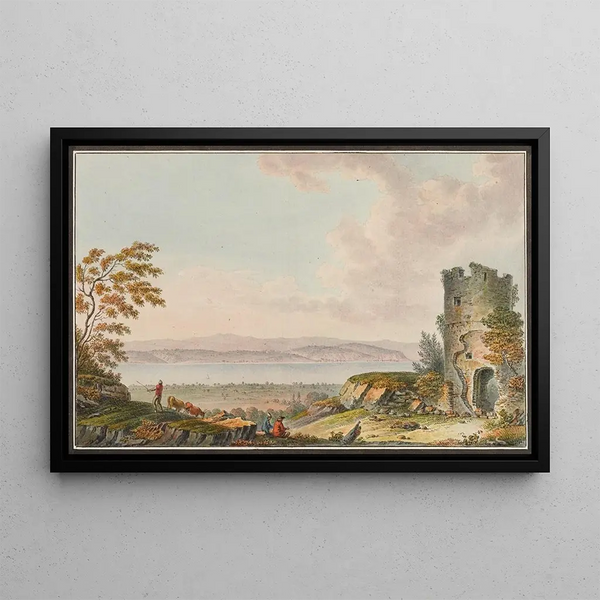 View of the Old Tower of Avenches and Lake Murten - Joseph Emmanuel Curty — framed artwork on a wall