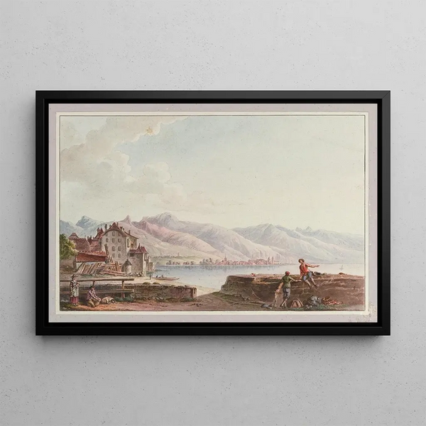 View of a part of the city of Vevey taken from the promenade - Joseph Emmanuel Curty — framed artwork on a wall