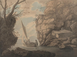 a sailing boat with three men leaving a rocky cove - Joseph Farington — artwork view