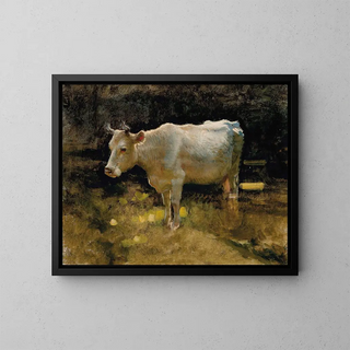 Study of a cow in a meadow - Joseph Farquharson — framed artwork on a wall
