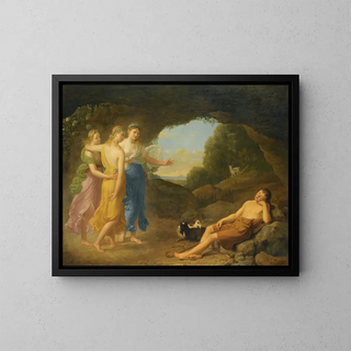 The Dream of Daphnis where the nymphs announce Chloe's safe return - Joseph François Ducq — framed artwork on a wall