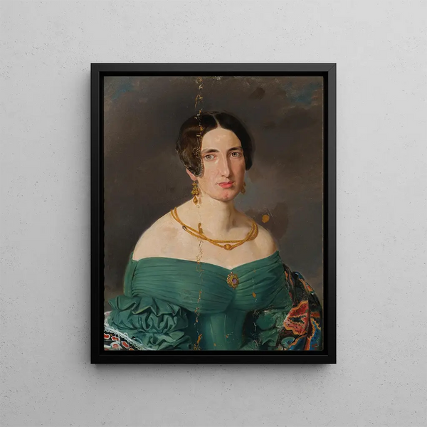 Green Dress Woman Painting - Joseph Hasslwander — framed artwork on a wall