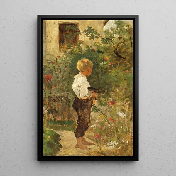 Boy with Cat in the Garden - Joseph Hasslwander — framed artwork on a wall