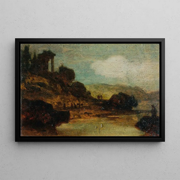 Landscape Painting with Ruin - Joseph Hasslwander — framed artwork on a wall