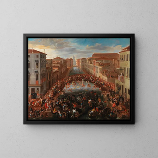 La Bataille des poings sur le pont de San Barnaba à Venise - Joseph Heintz le Jeune — framed artwork on a wall