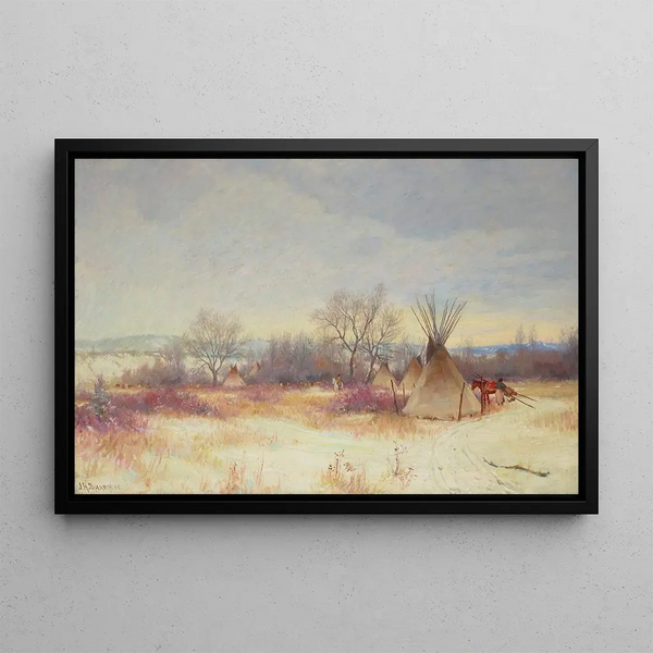 Indian Encampment Painting - Joseph Henry Sharp — framed artwork on a wall