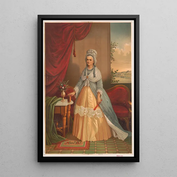 Portrait of a woman holding a fan and a book in front of a sofa - Joseph Hoover — framed artwork on a wall