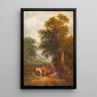 Landscape painting with people resting - Joseph Horlor — framed artwork on a wall