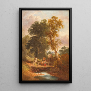 Peasants walking near a stream - Joseph Horlor — framed artwork on a wall