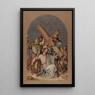V Painting Simon the Cyrene helps Jesus carry his cross - Joseph Hussenot — framed artwork on a wall
